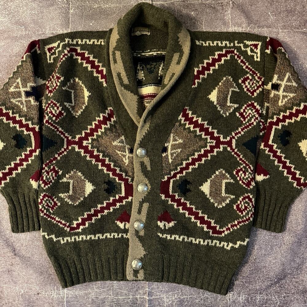 Men's Vintage 90s Twickers Forest Green Tribal Aztec Wool Cardigan Sweater Sz XL